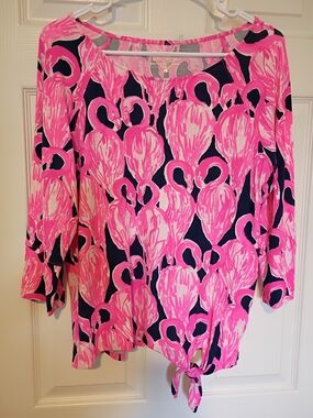 Lilly Pulitzer RARE Pink Flamingo Print Tie Hem Women's Top NWOT L